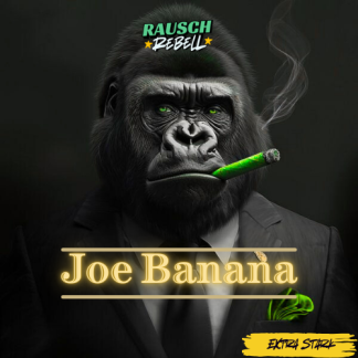 Ein Gorilla in einem Anzug mit einer grünen Zigarre, der den Namen 'Joe Banana' trägt.