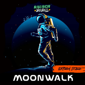 Astronaut in einem Raumanzug, der auf einer stilisierten Mondoberfläche geht, mit einem dunklen Hintergrund und Musiknoten.