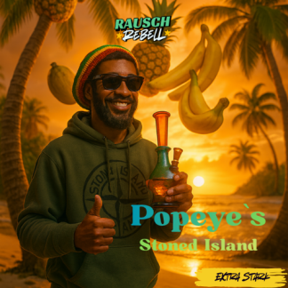 Mann mit Sonnenbrille und Rasta-Haarschnitt, der eine Getränkekaraffe und eine Banane hält, vor tropischer Kulisse.