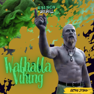 Grafik eines Vikingers mit erhobenem Finger und grünem Rauch im Hintergrund, beschriftet mit 'Walhalla Viking'.