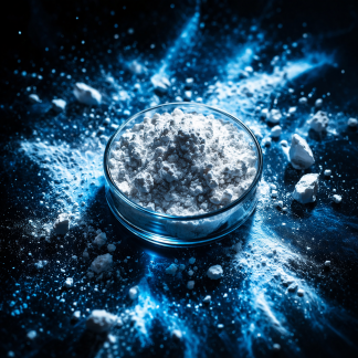 White powdery substance in a glass dish on a blue, high-contrast background; features 4-FPO reference material from NB-DMT category, by Rauschrebell