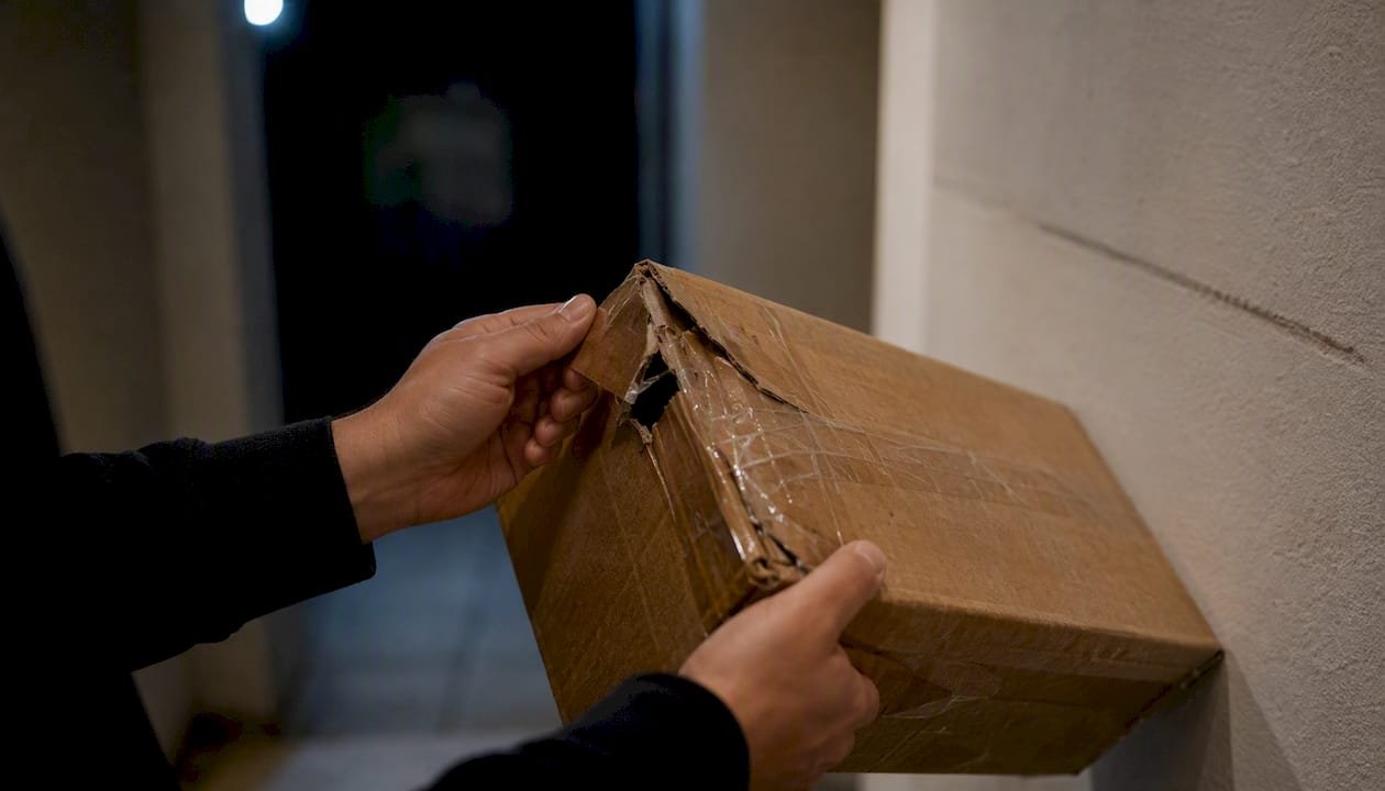 Mit den Händen wird ein beschädigtes Paket direkt an der Haustür begutachtet.