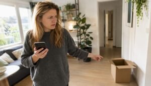 Jemand hält sein Smartphone in der Hand und prüft den aktuellen Sendungsstatus.