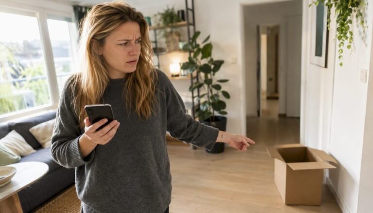 Jemand hält sein Smartphone in der Hand und prüft den aktuellen Sendungsstatus.