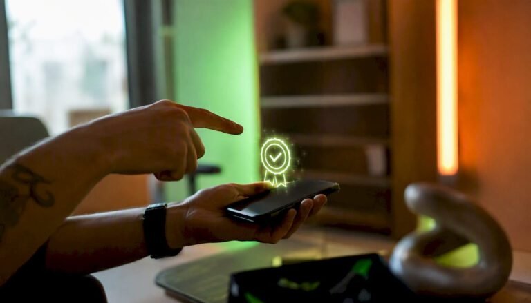 Mit dem Finger wird auf das Vertrauenssiegel am Smartphone getippt.