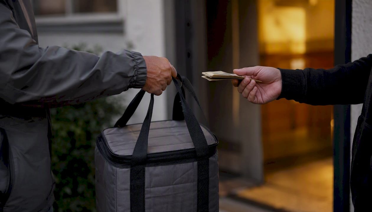 Ein Lieferfahrer nimmt bei der Übergabe der Bestellung das Bargeld vom Kunden entgegen.