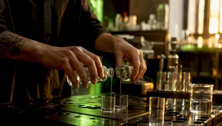 Zwei Hände gießen Flüssigkeiten wie Glycerin und Propylenglykol in Behälter.