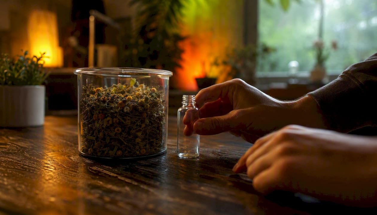 Klares Schraubglas mit legalen Räucherkräutern