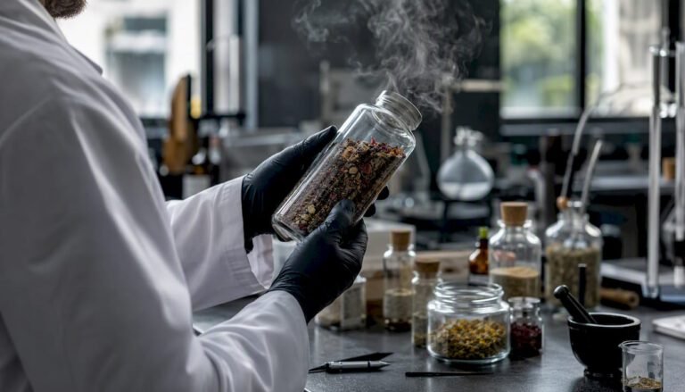 Zwei Hände halten ein Glas mit einer aromatischen Kräutermischung für Räucherzwecke.