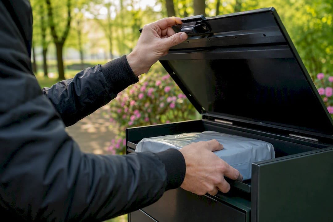 Eine Person öffnet ein Paketfach in der Filiale der Post.