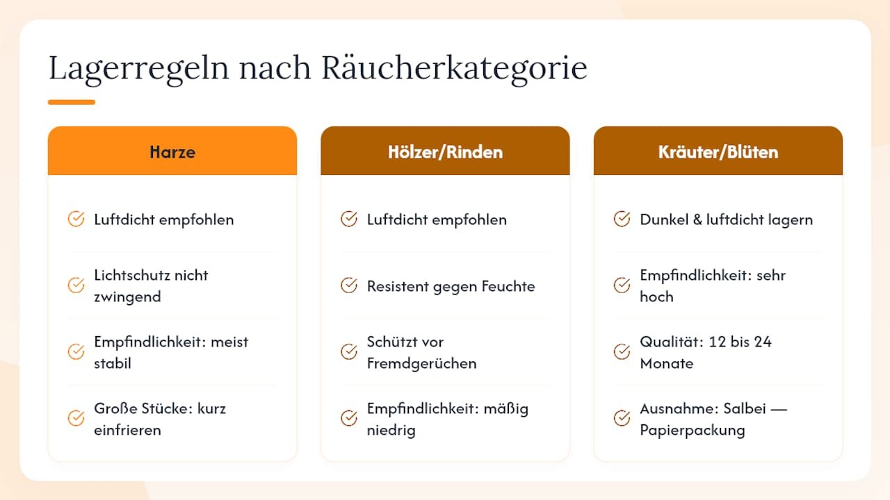 Vergleich der Lagerhinweise für Räucherwerk